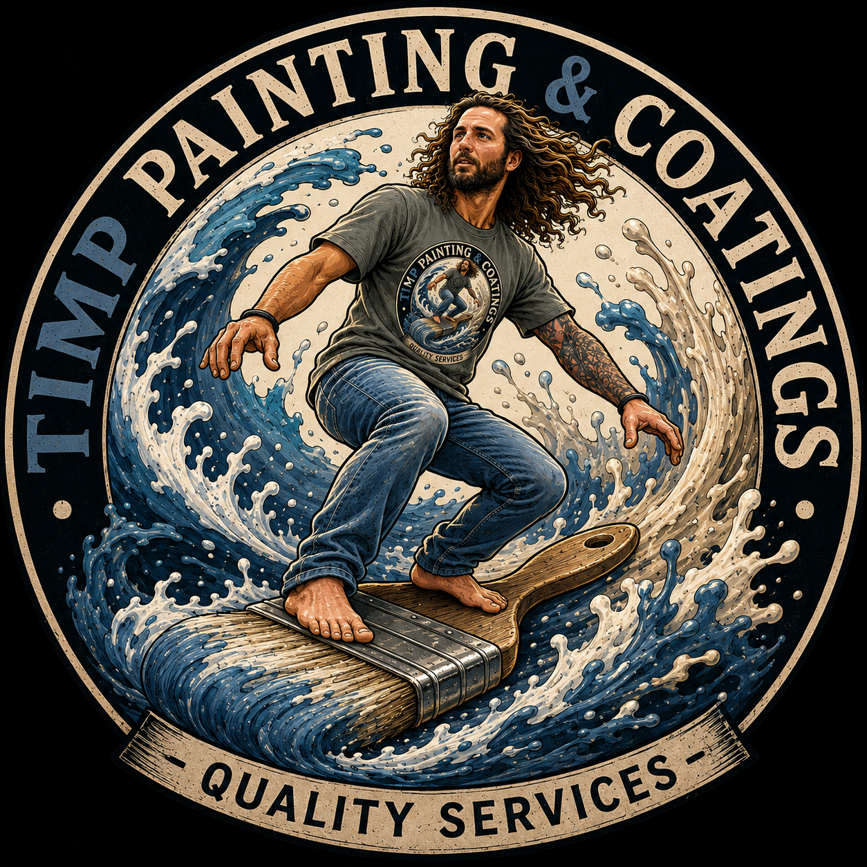 Timp Painting & Coatings logo — a painter surfing a paintbrush, Utah painting contractor